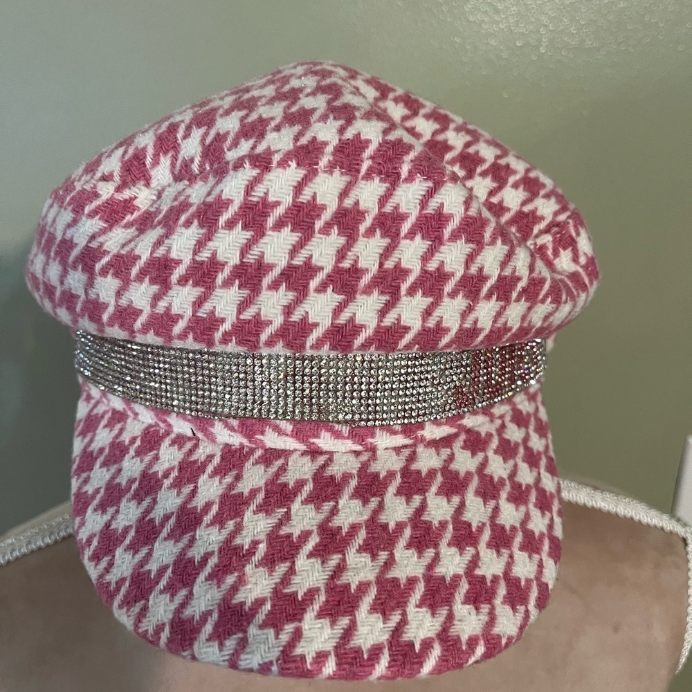 Juicy Couture Womens Houndstooth Pink White Tweed Embellished  Stones Cap Beret